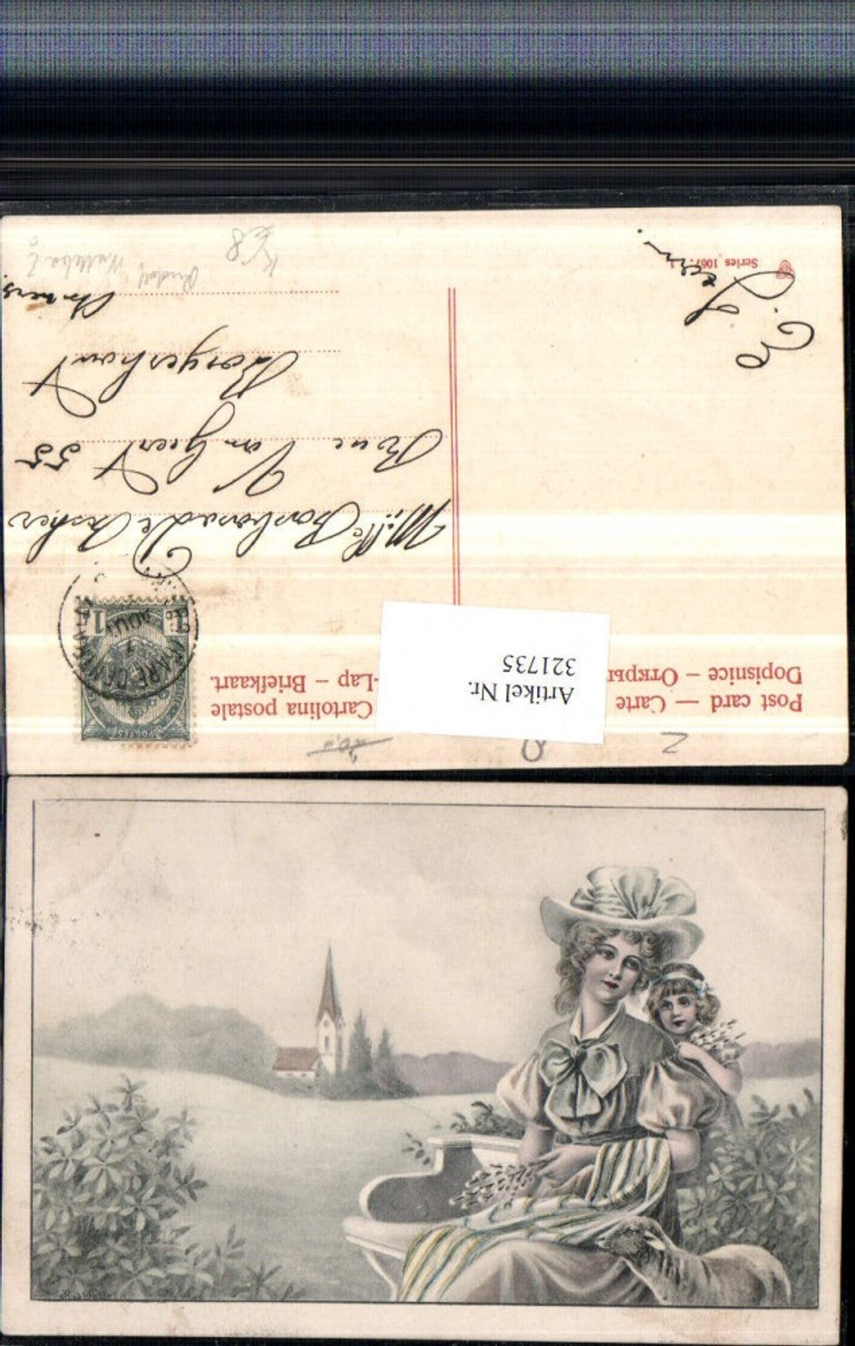321735,Künstler AK Rudolf Welleba Frau Mutter m. Kind Hut Lamm Palmkätzchen Kirche