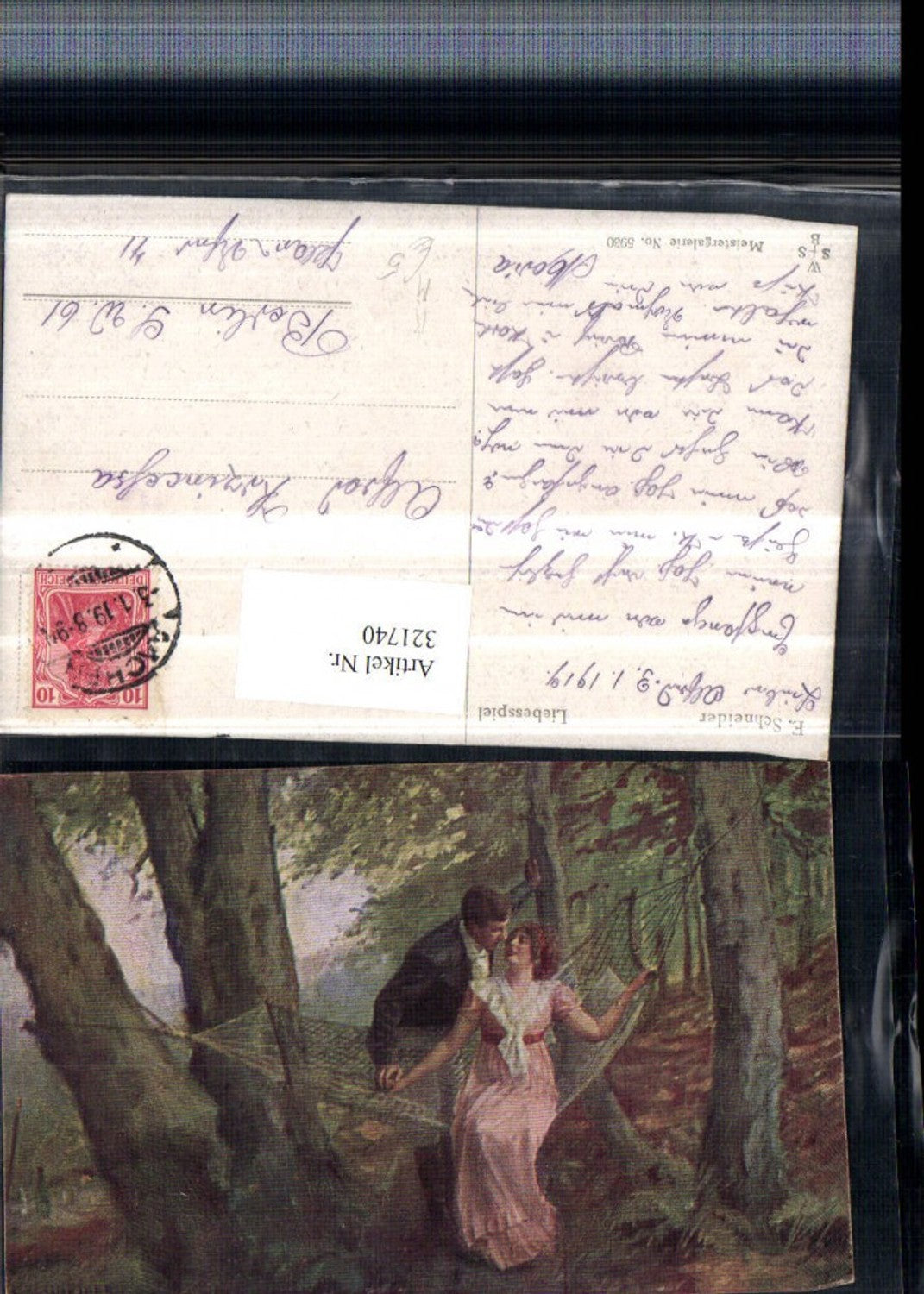 321740,Künstler AK E. Schneider Liebesspiel Liebespaar Hängematte Wald