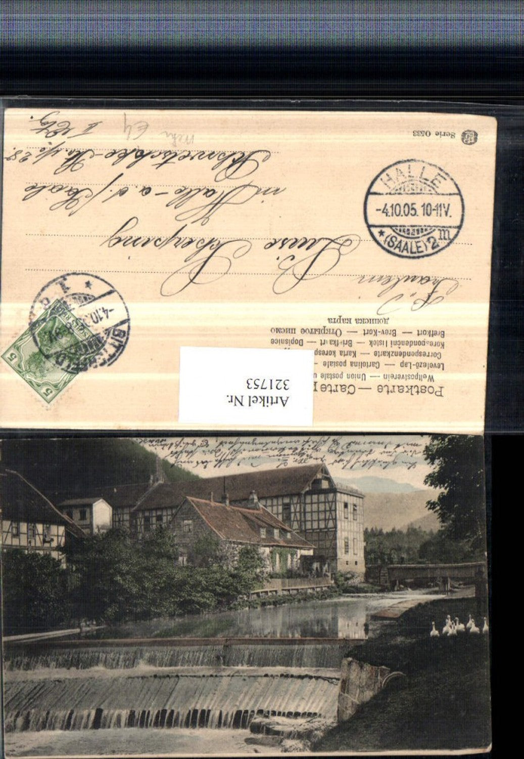 321753, Artist AK Houses Buildings Weir Bridge