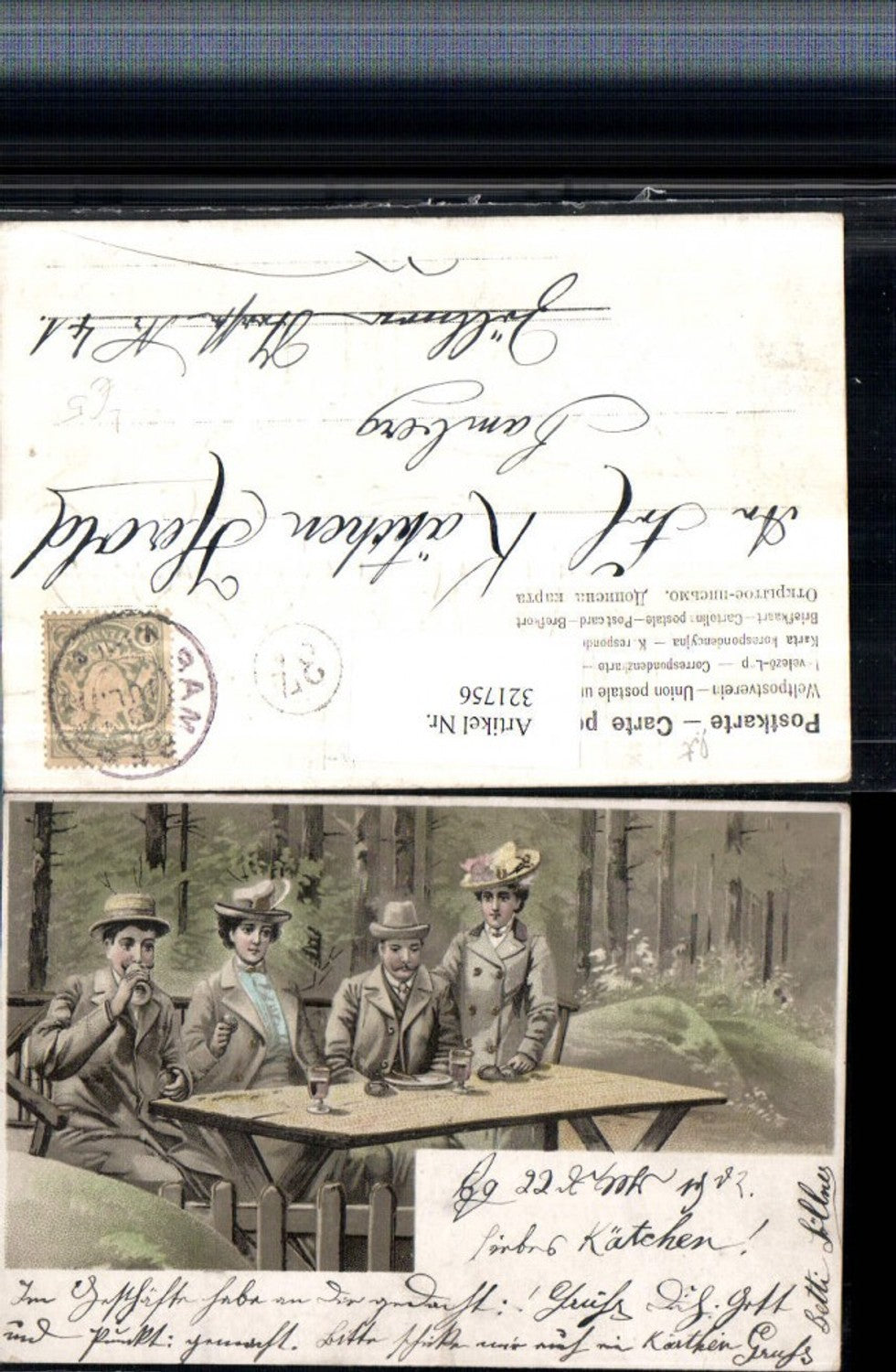 321756,Präge Künstler Litho Personen m. Hüten Tisch Wein