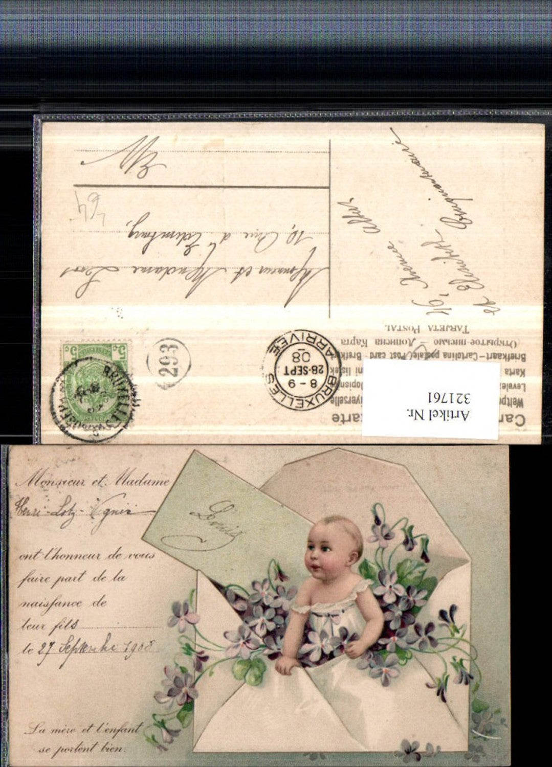 321761,Präge Künstler Litho Kind Baby Briefumschlag Brief Veilchen Blumen