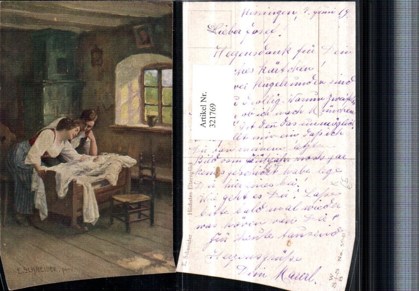 321769,Künstler AK E. Schneider Höchstes Elternglück Familie Baby Bett