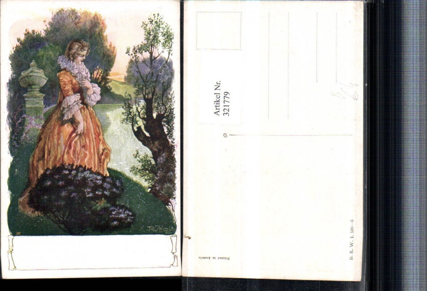 321779,Künstler AK T. Welzl Frau m. Kleid Kragen Teich pub B.K.W.I. 590/6