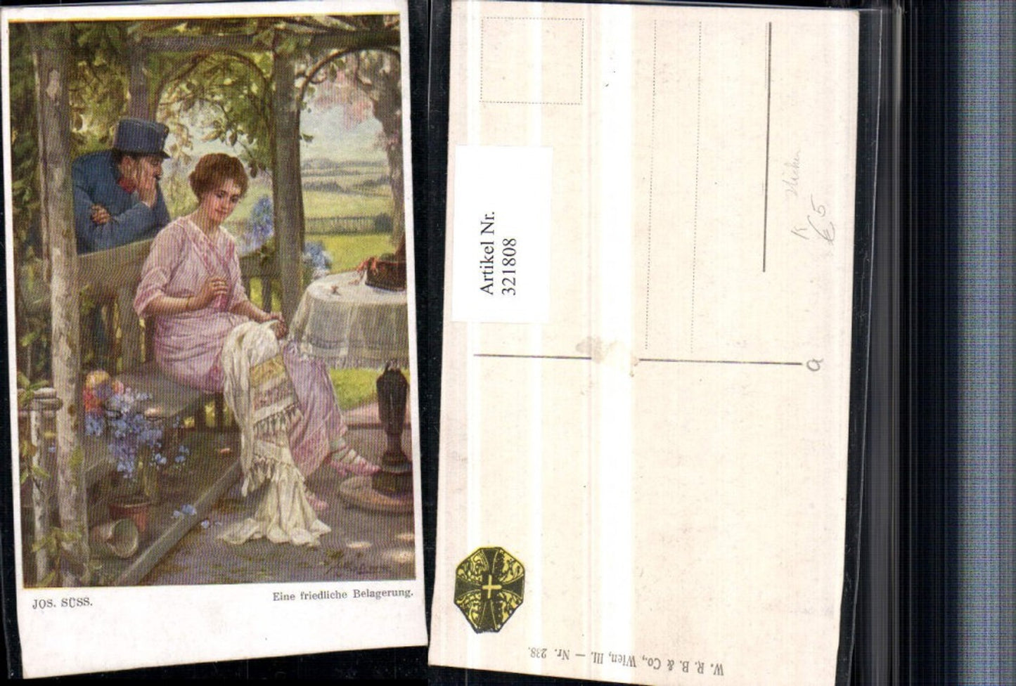 321808,Künstler AK Jos. Süss Eine friedliche Belagerung Frau b. Sticken Mann in Uniform