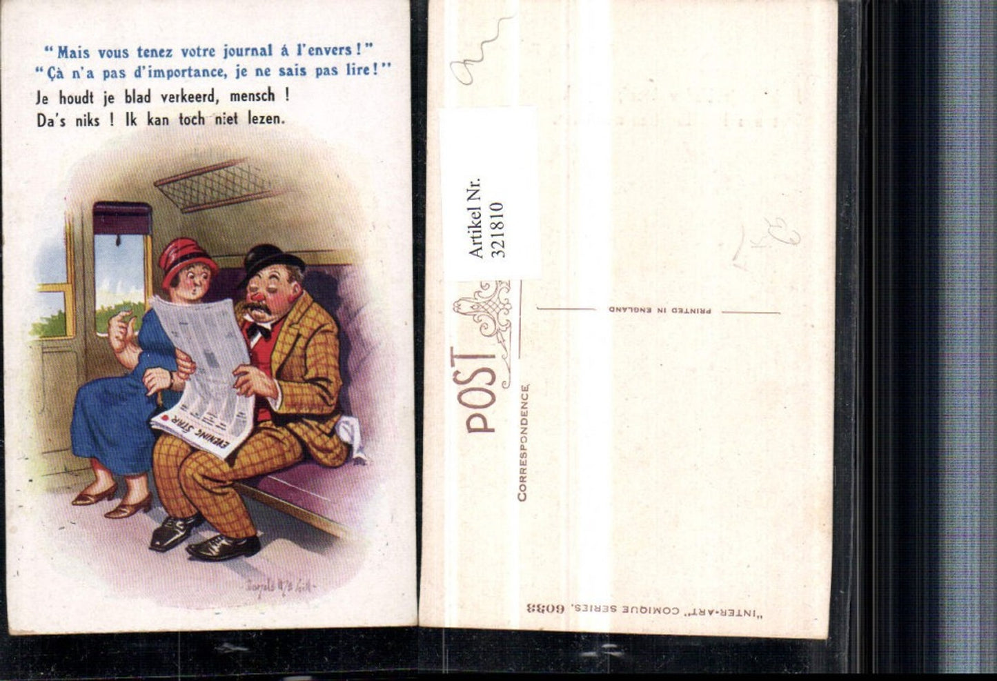 321810,Künstler AK Donald Mc Gill Zugabteil Mann b. Lesen liest Zeitung Frau m. Hut