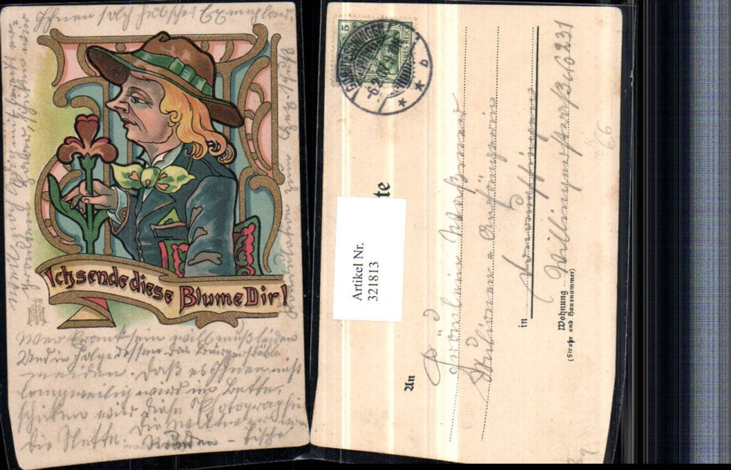 321813,Künstler Litho Goldverzierung Ich sende diese Blume dir Frau m. Hut Blume
