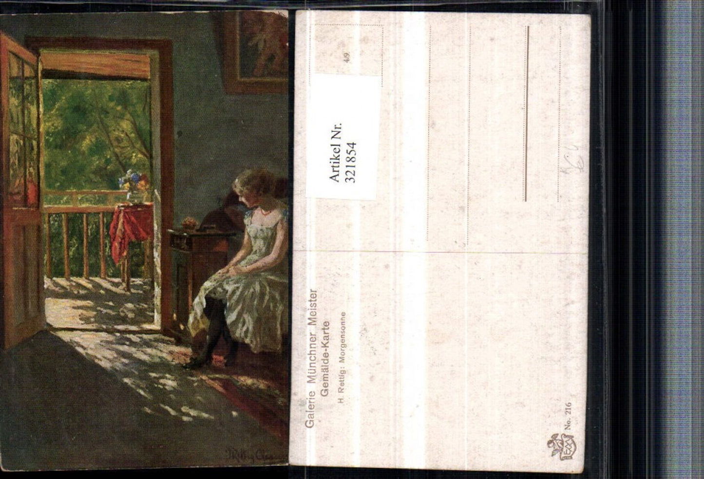 321854,Künstler AK H. Rettig Morgensonne Frau m. Kleid Balkontür