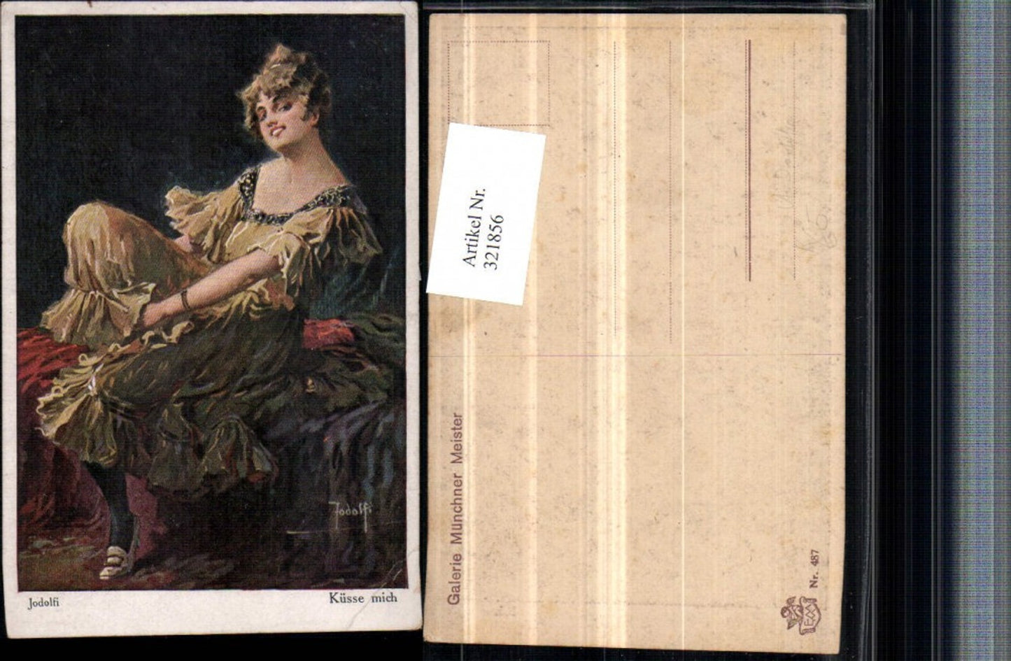 321856,Künstler AK Adolf Jodolfi Küsse mich Frau m. Kleid Erotik Risque