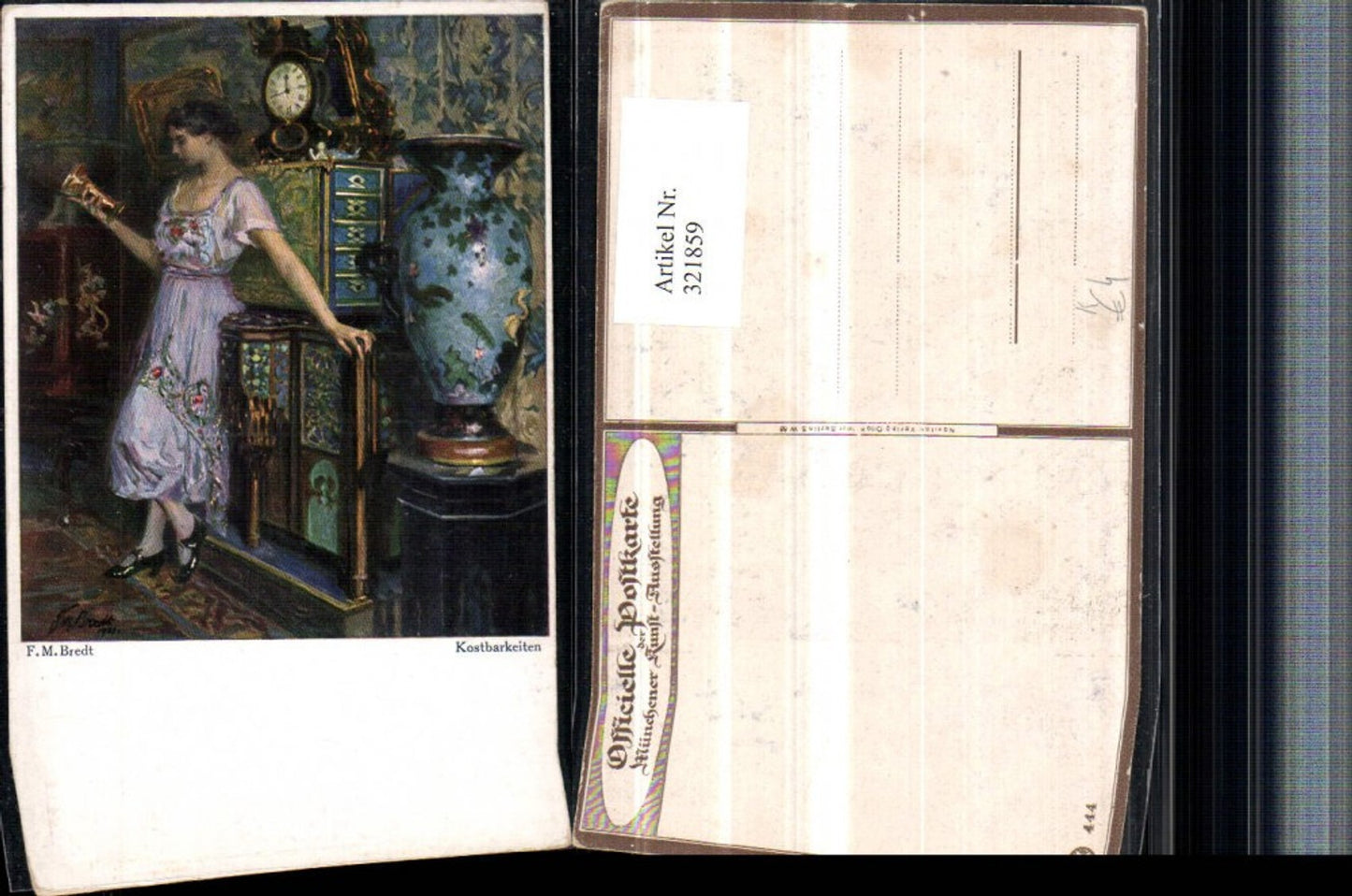 321859,Künstler AK F. M. Bredt Kostbarkeiten Frau m. Kleid Kelch Vase Uhr