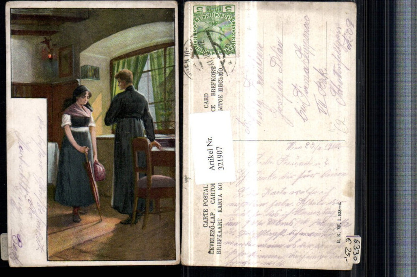 321907,Künstler AK Frau m. Kleid Kopftuch Schirm pub B.K.W.I. 938/4