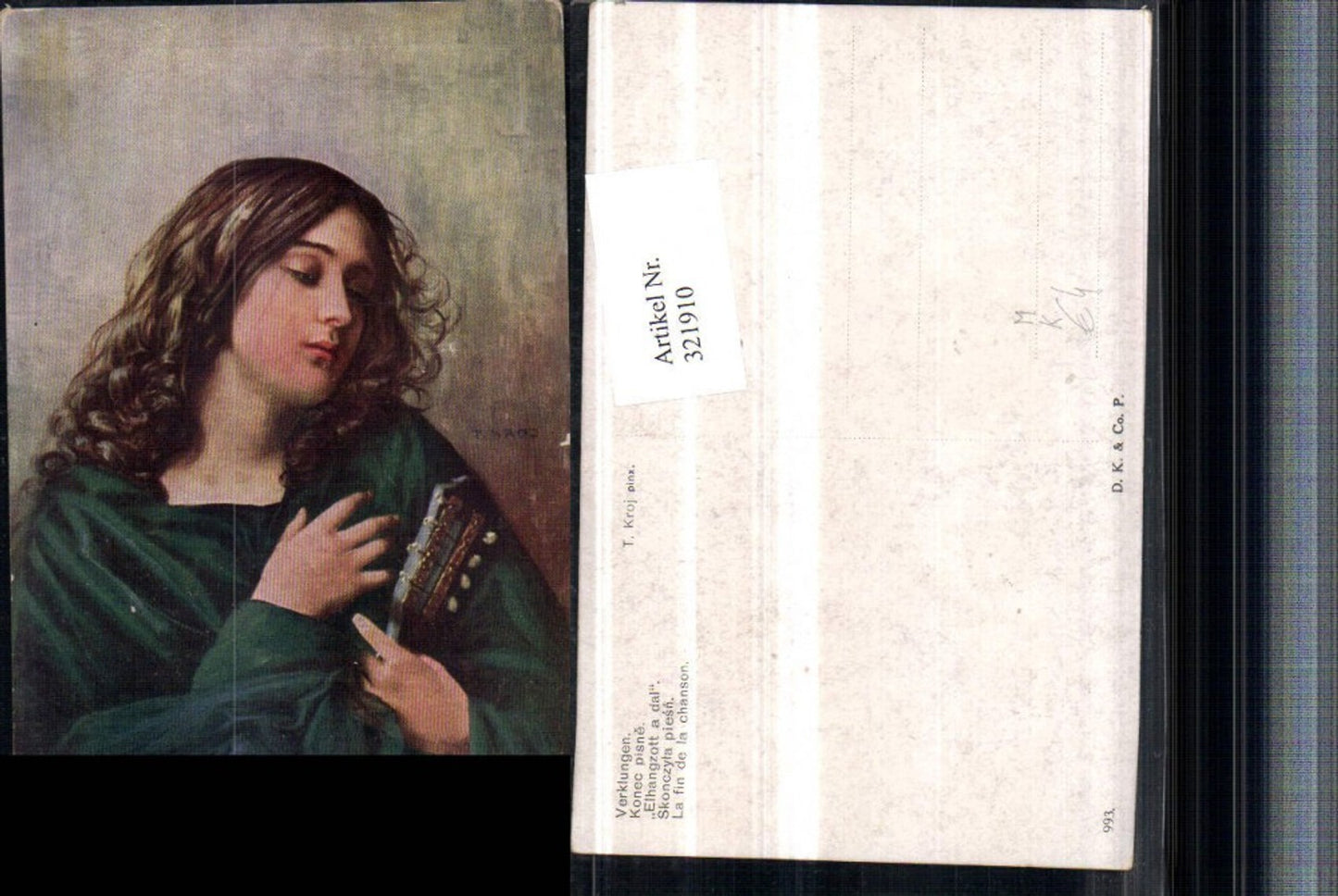 321910,Künstler AK T. Kroj Verklungen Frau Mädchen m. Gitarre Portrait