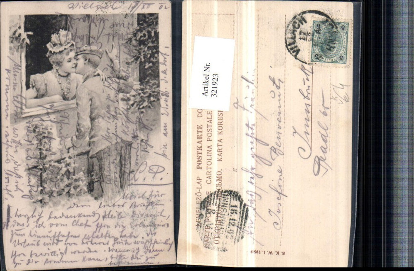 321923,Künstler AK Liebespaar Liebe Kuss Fenster pub B.K.W.I. 795/9