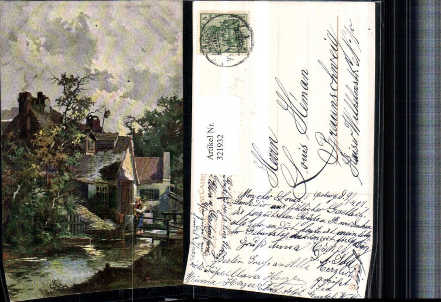 321932,Künstler AK T. Guggenberger Hausansicht Bach Brücke