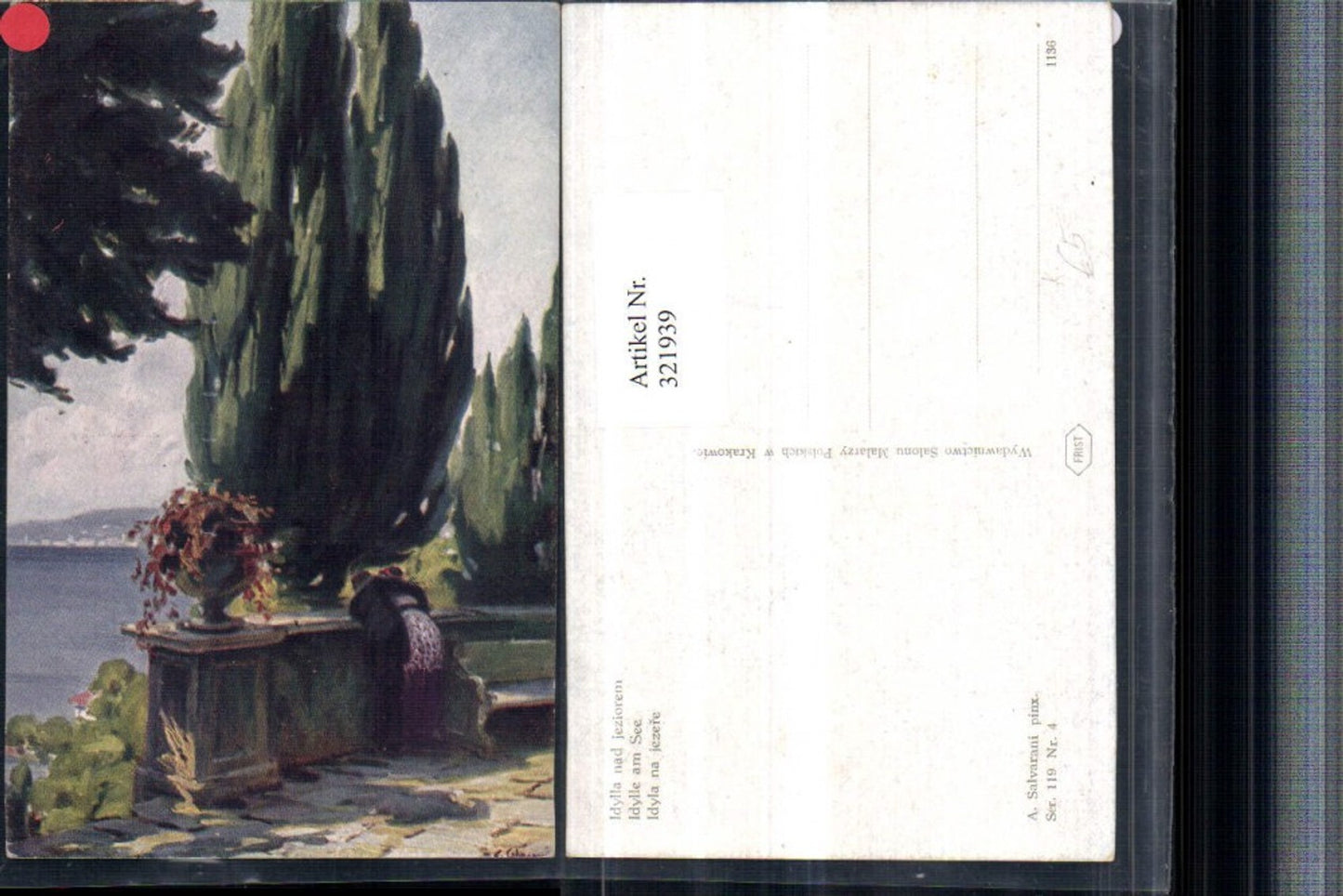 321939,Künstler AK A. Salvarani Idylle am See Paar Balkon Zypresse