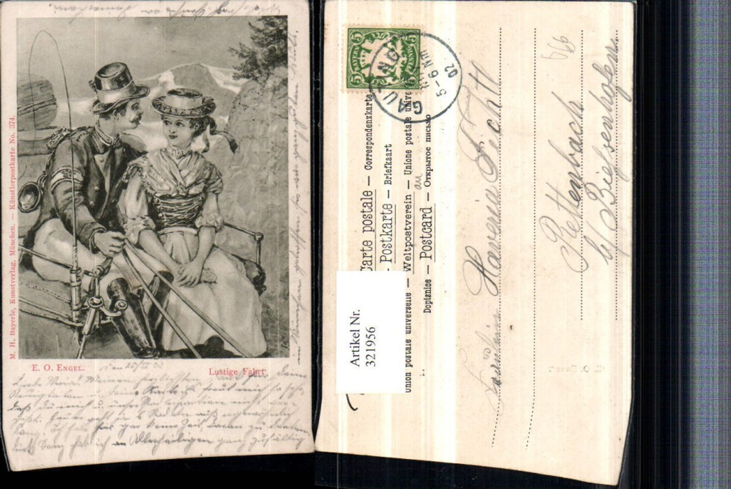 321956,Künstler AK E.O. Engel Lustige Fahrt Frau in Tracht Hut Kutsche pub M.H. Bayerle 374