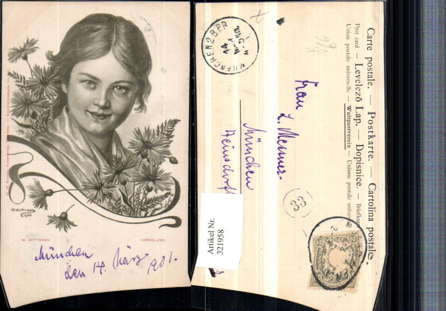 321958,Künstler AK W. Wittmann Kornblume Mädchen Portrait pub M.H. Bayerle 301