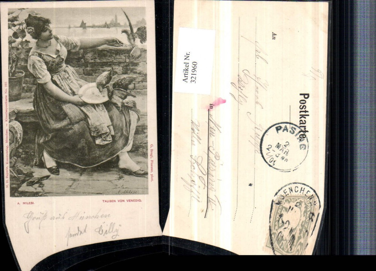 321960,Künstler AK A. Milesi Tauben von Venedig Frau Tracht pub M.H. Bayerle 227