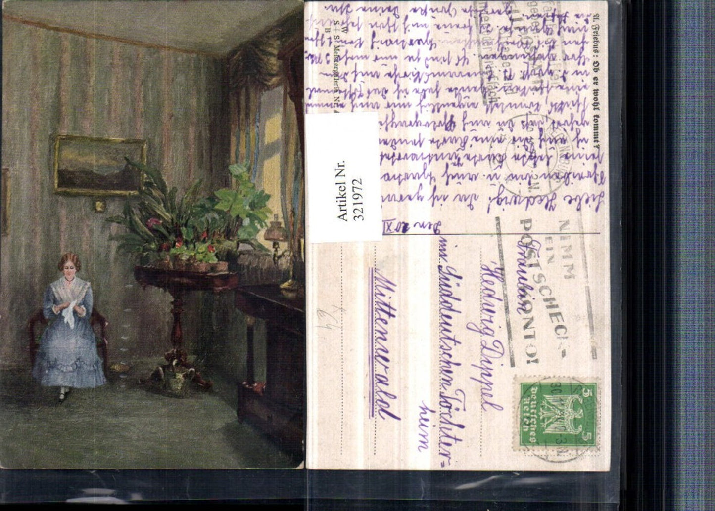 321972,Künstler AK A. Friebus Ob er wohl kommt Frau m. Sticken Kleid Zimmer