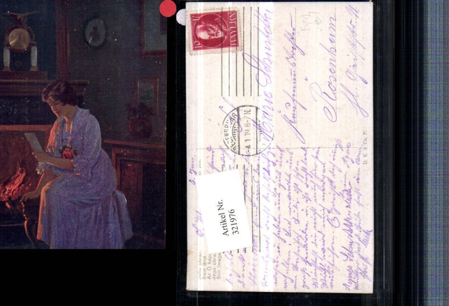 321976,Künstler AK : Winter Sein Bild Frau m. Kleid Rose Kamin Uhr