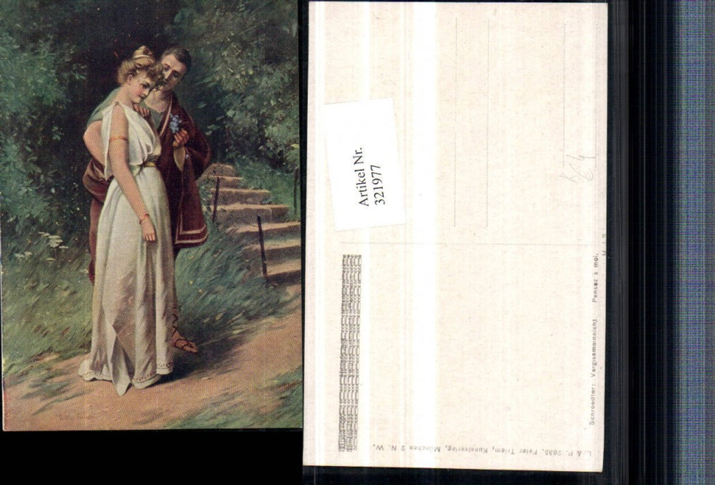 321977,Künstler AK Schroedter Vergissmeinnicht Liebespaar Kleid Toga Blume