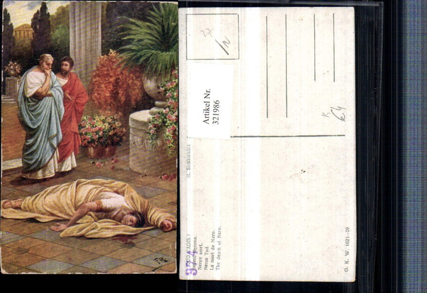 321986,Künstler AK H. Sienkiewicz Neros Tod Leiche Männer Toga