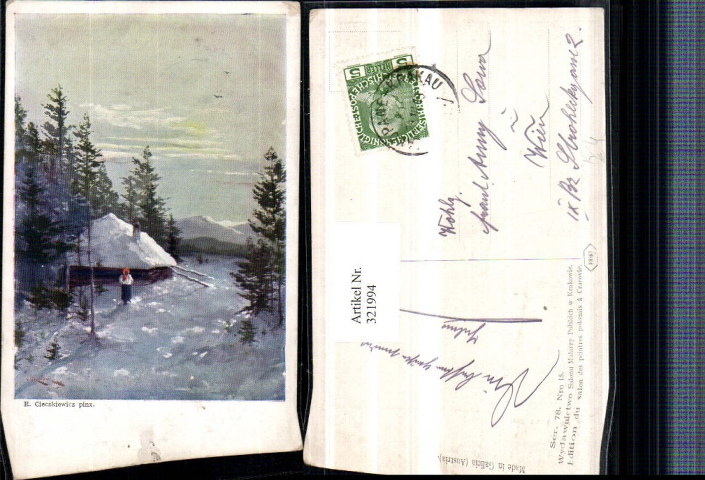 321994, Artist AK E. Cieczkiewicz Winter Landscape Hut