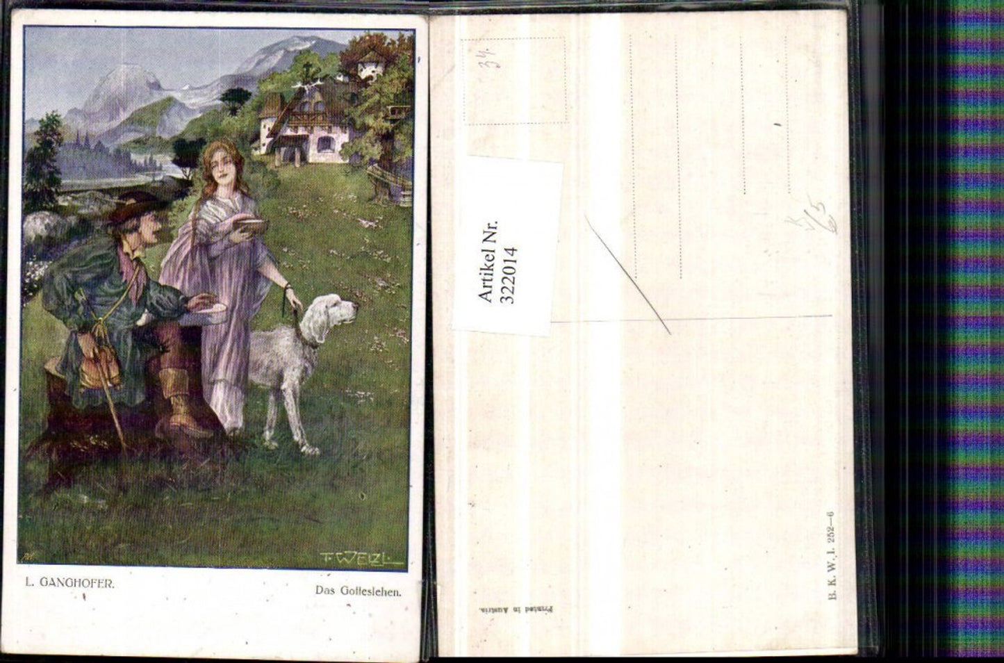 322014,Künstler AK T. Welzl Das Gotteslehen Mann Federhut  Frau Kleid Hund pub B.K.W.I. 252/6