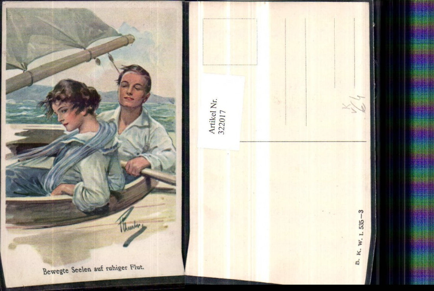 322017,Künstler AK F. Charles Paar Liebe Segelboot Boot pub B.K.W.I. 535/3