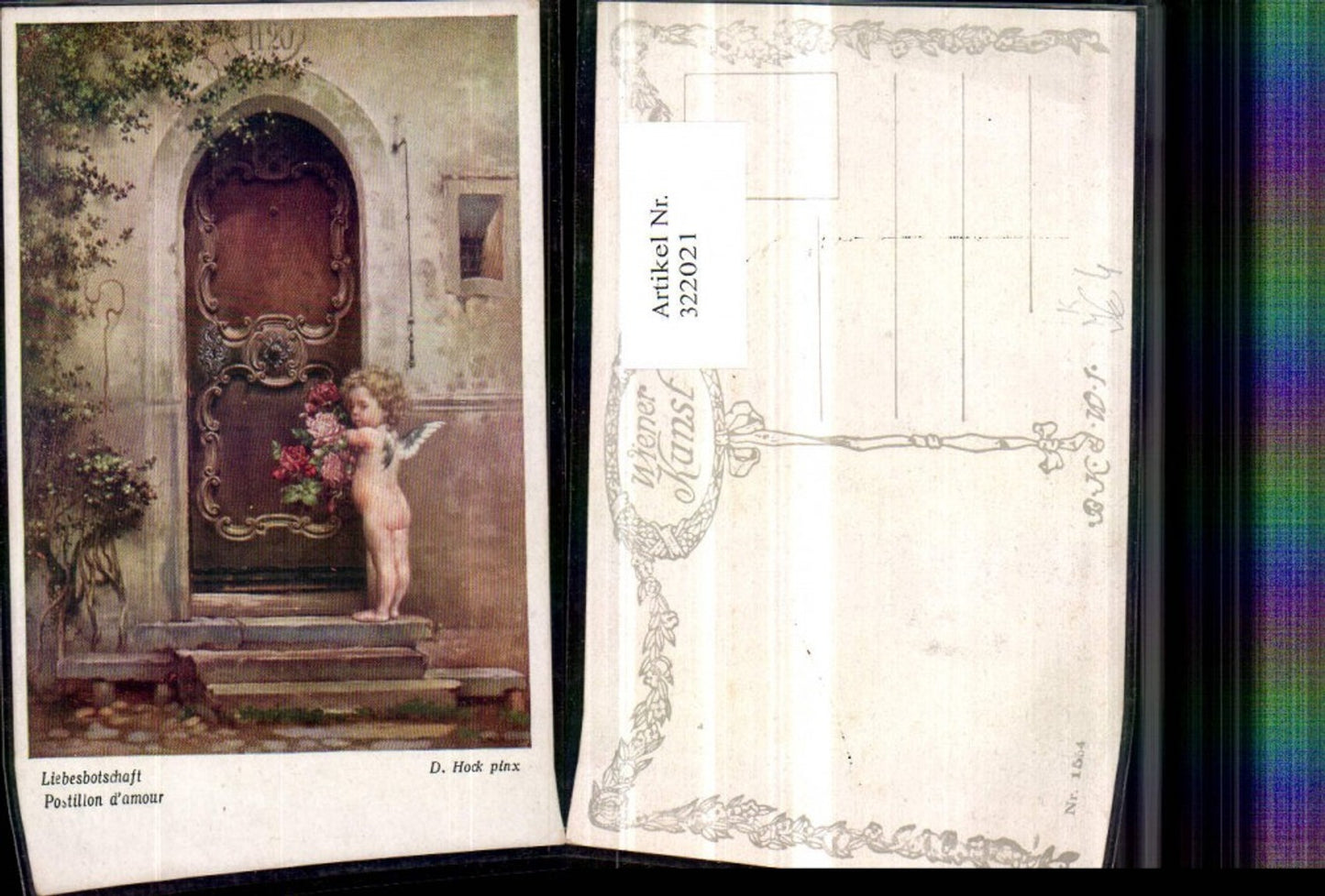 322021,Künstler AK D. Hock Liebesbotschaft nackter Engel Rosen Tür pub B.K.W.I. 1554