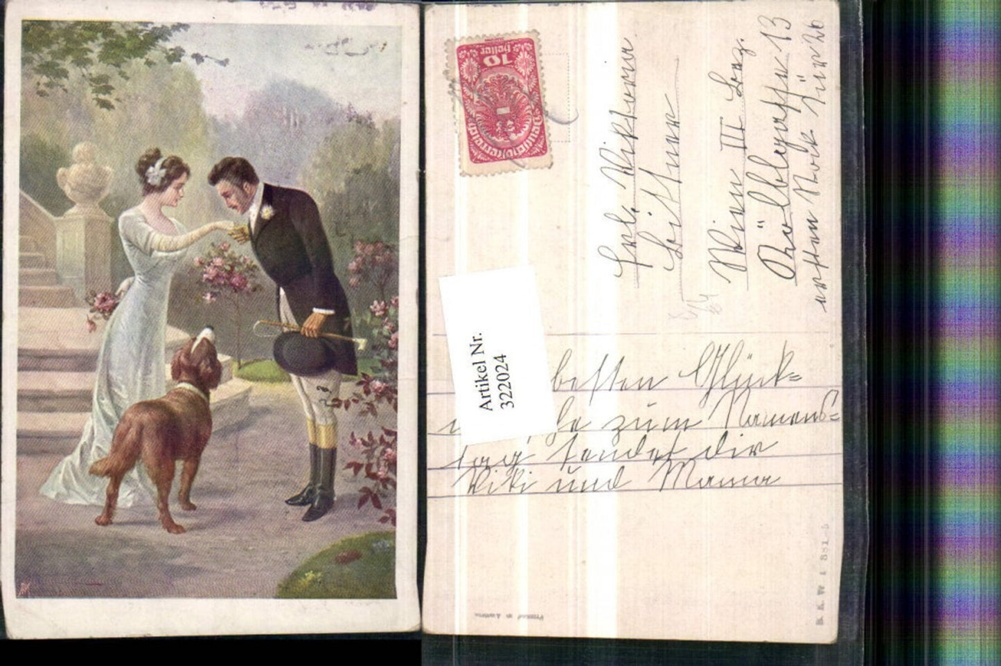 322024,Künstler AK Frau m. Kleid Mann Frack Hut Handkuss Hund pub B.K.W.I. 381/5