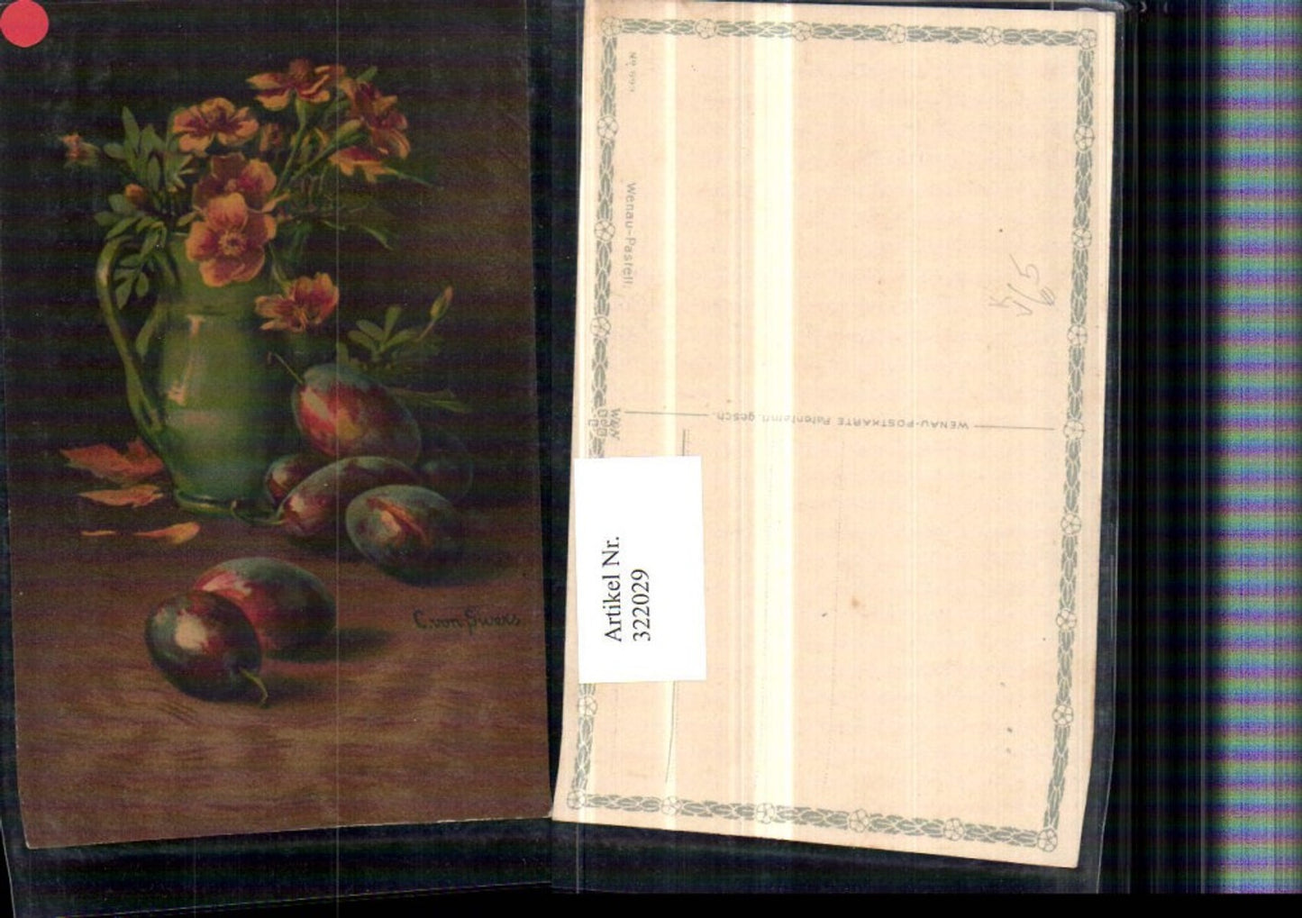 322029,Künstler AK C. Von Sivers Stillleben Zwetschke Pflaume Vase Blumen pub Wenau-Pastell 693