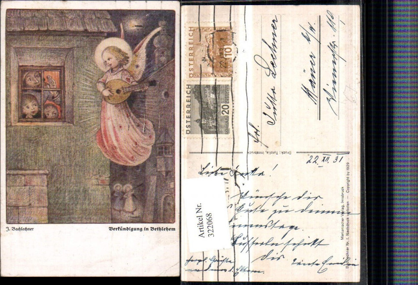 322068,Künstler AK J. Bachlechner Verkündigung in Bethlehem Engel Mandoline