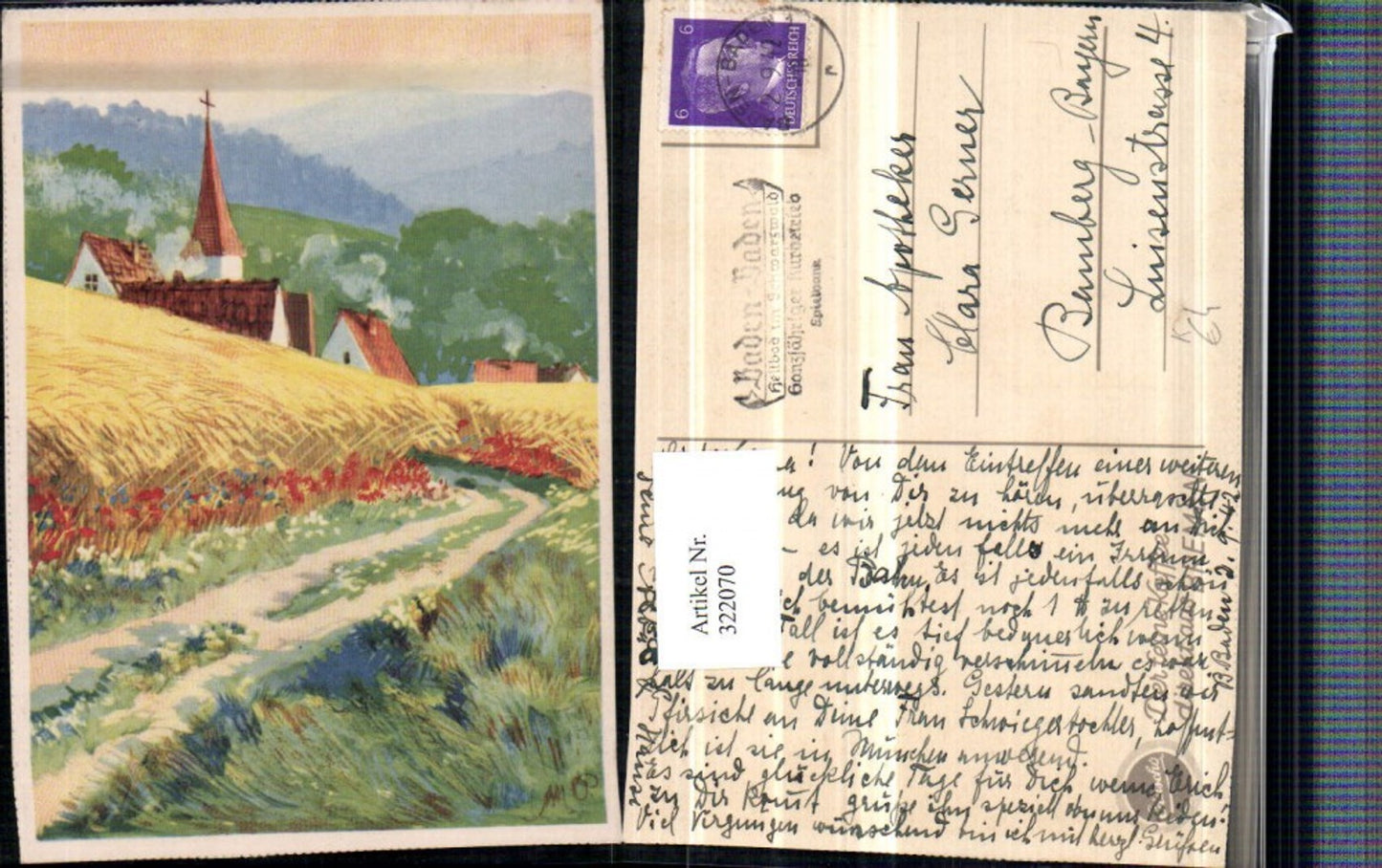322070,Künstler AK Landschaft Weg Feld Weizen Kirchenturm Bergkulisse