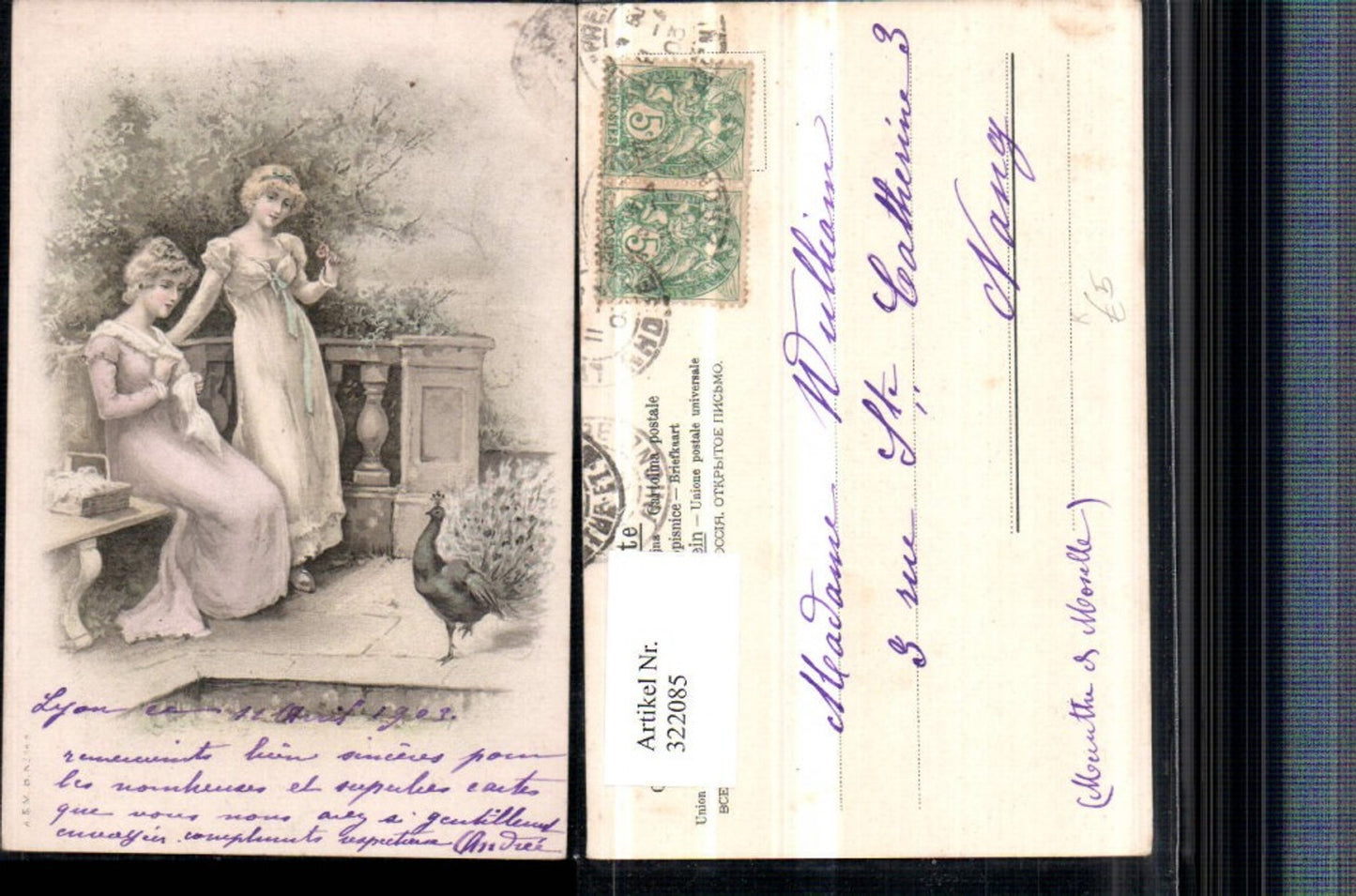 322085,Künstler AK Frauen m. Kleider Sticken Korb Pfau