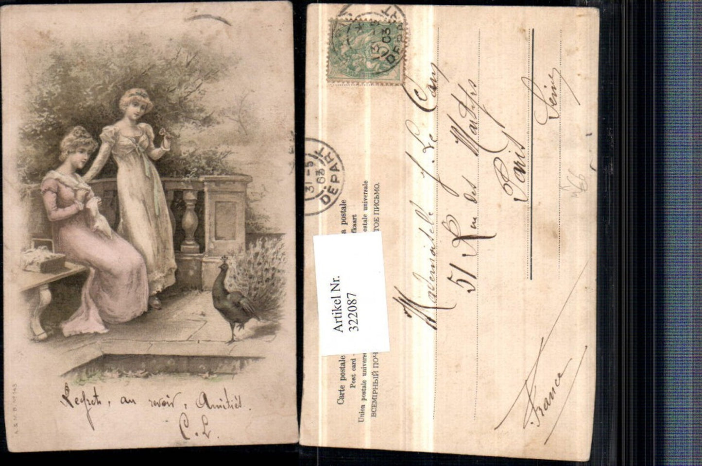 322087,Künstler AK Frauen m. Kleider Sticken Korb Pfau