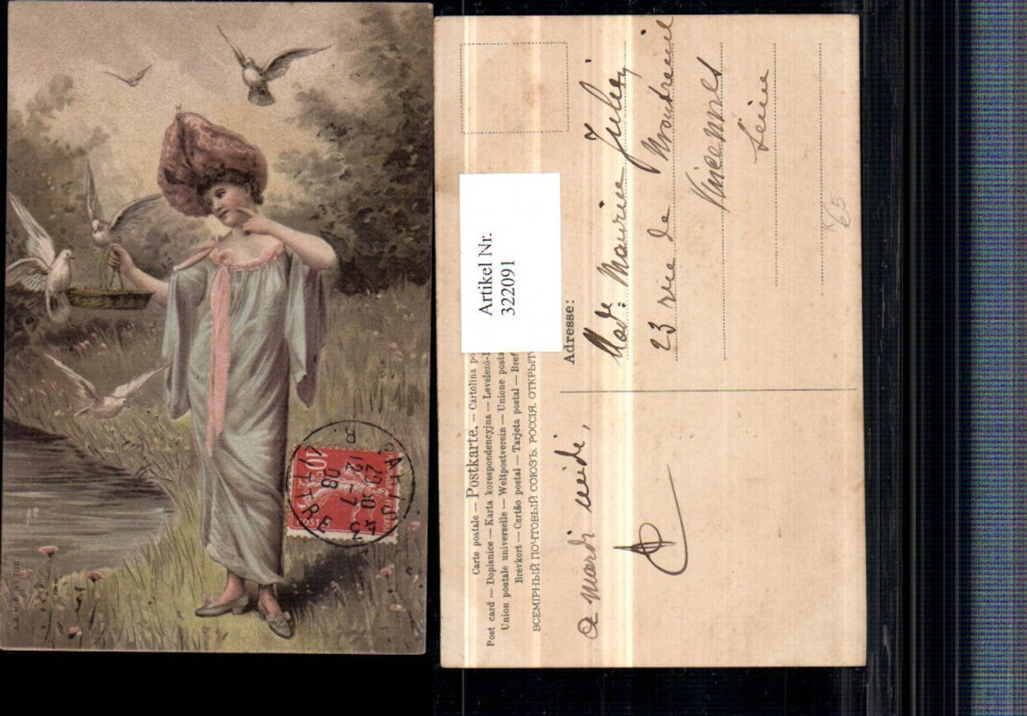 322091,Künstler AK Frau m. Hut Kleid Korb Tauben
