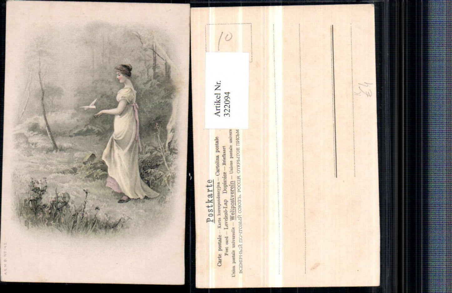 322094,Künstler AK Frau m. Kleid Taube Vogel Landschaft