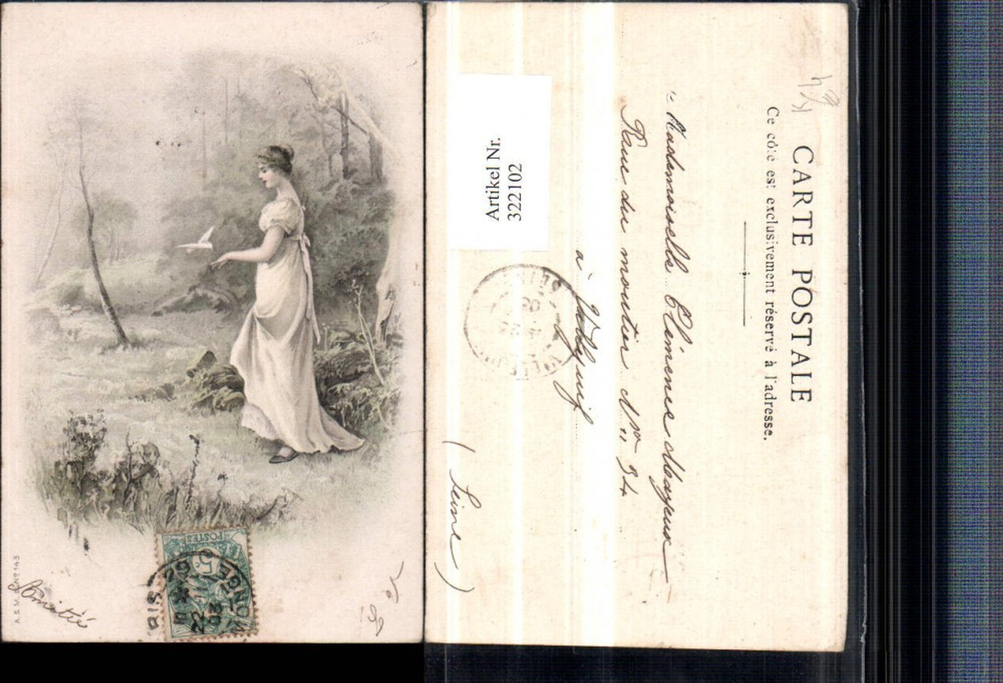 322102,Künstler AK Frau m. Kleid Taube Vogel Landschaft
