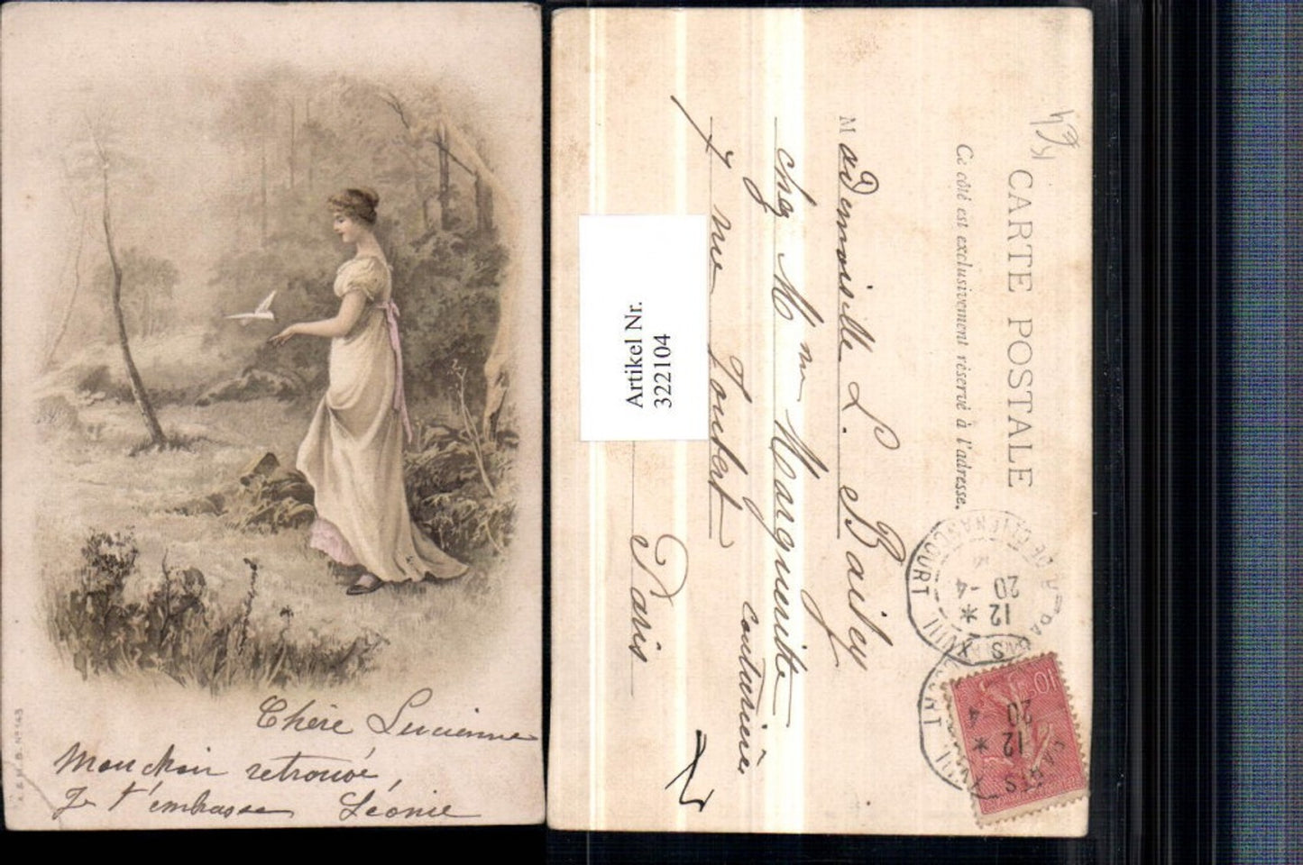 322104,Künstler AK Frau m. Kleid Taube Vogel Landschaft