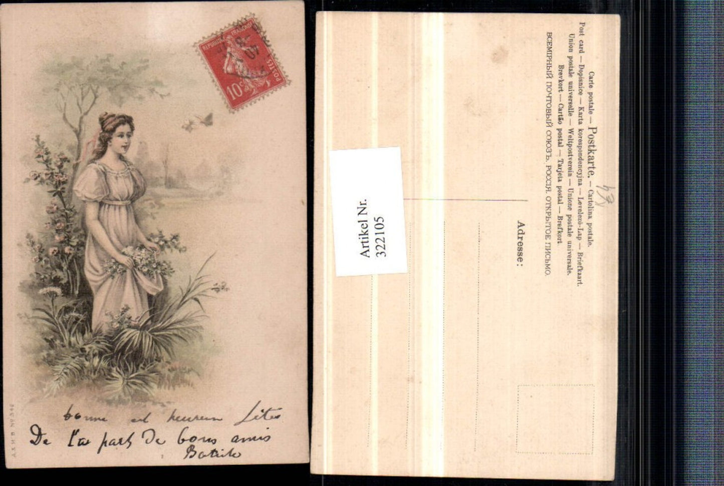 322105,Künstler AK Frau m. Kleid Blumen Rosen Schmetterlinge