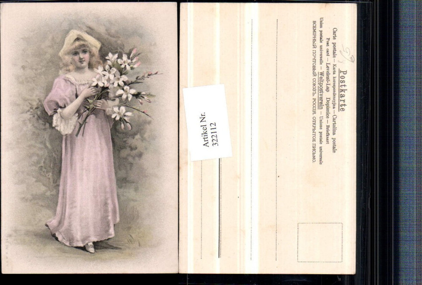 322112,Künstler AK Frau Mädchen m. Kleid Mütze Blumen