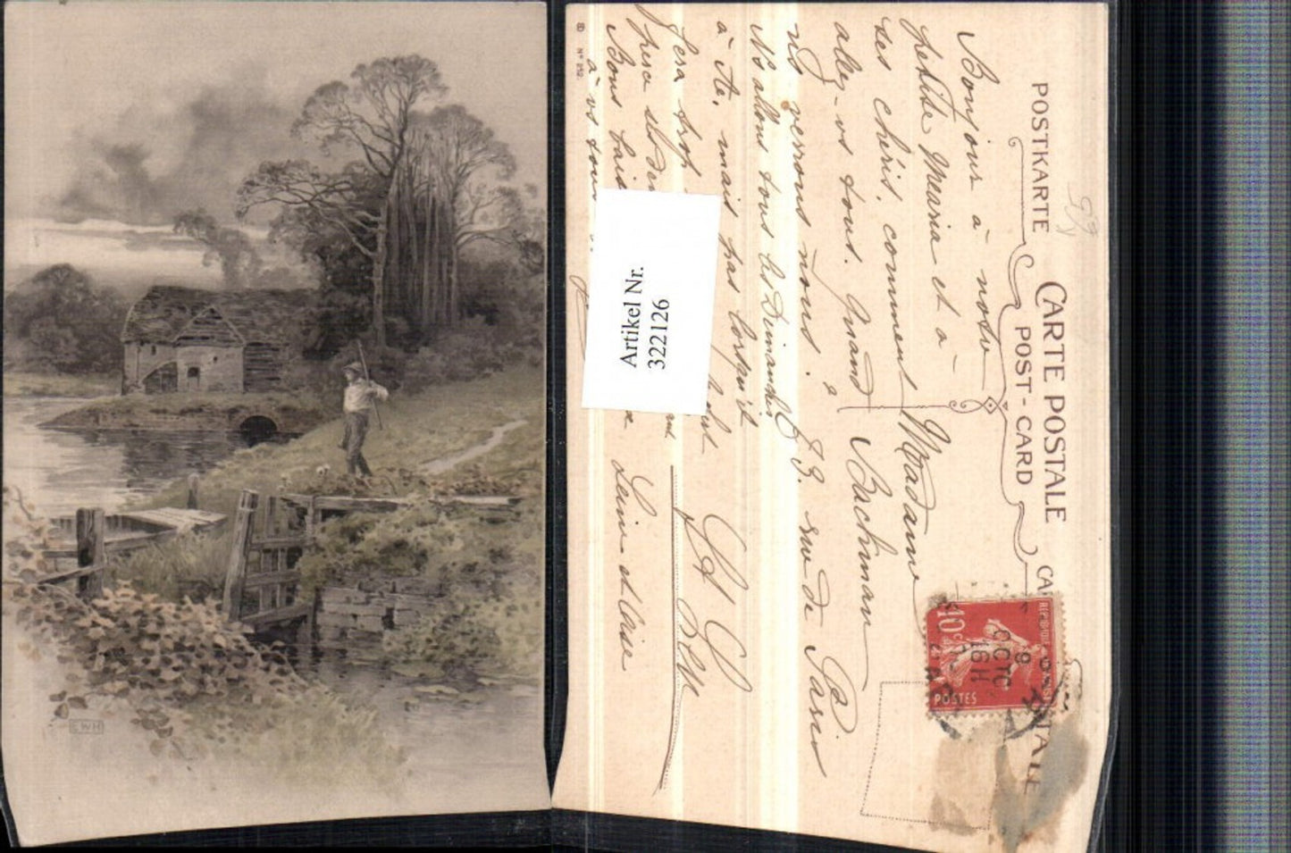 322126,Künstler AK EWH Landschaft Gewässer Boot Haus
