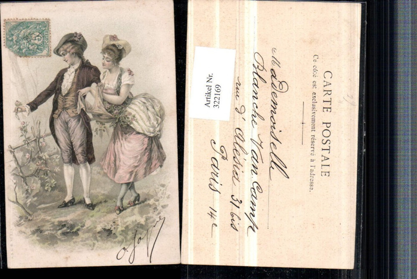 322169,Künstler AK Liebespaar Liebe Frau m. Hut Kleid Mann m. Hut Rose