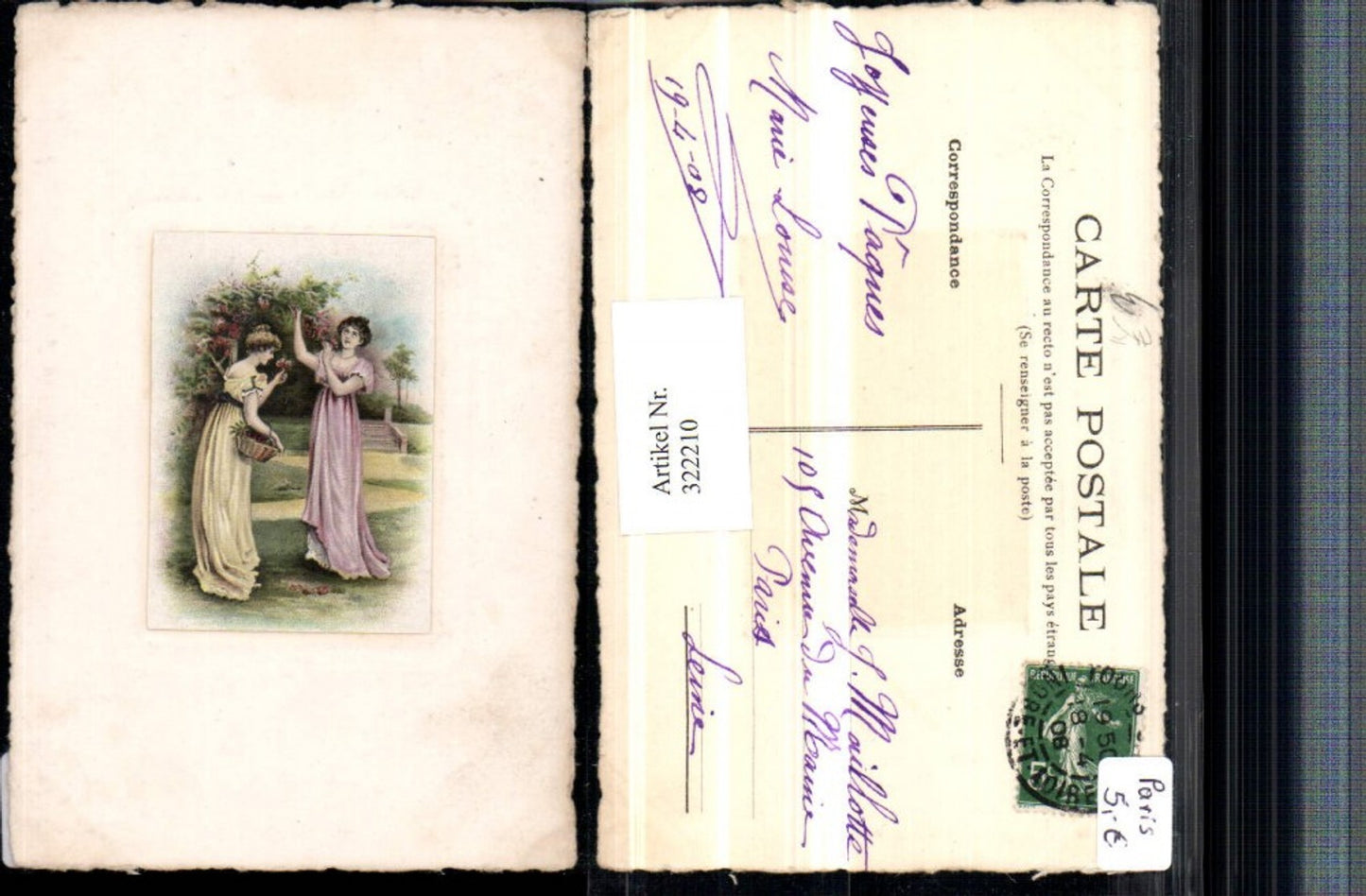 322210,Künstler AK Frauen m. Kleider Korb Blumen Präge Passepartout