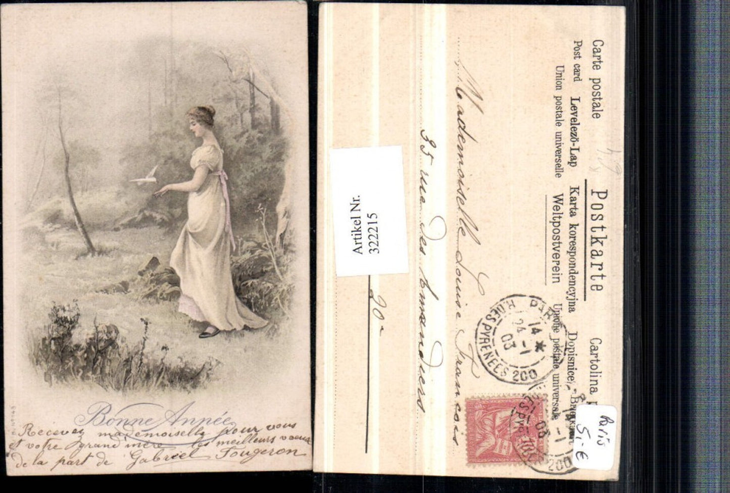 322215,Künstler AK Frau m. Kleid Taube Vogel Landschaft