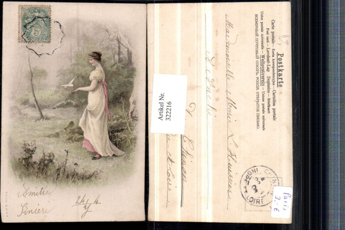 322216,Künstler AK Frau m. Kleid Taube Vogel Landschaft