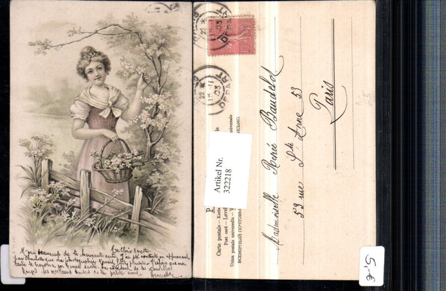 322218,Künstler AK Frau m. Kleid Tuch Korb Blumen Zaun