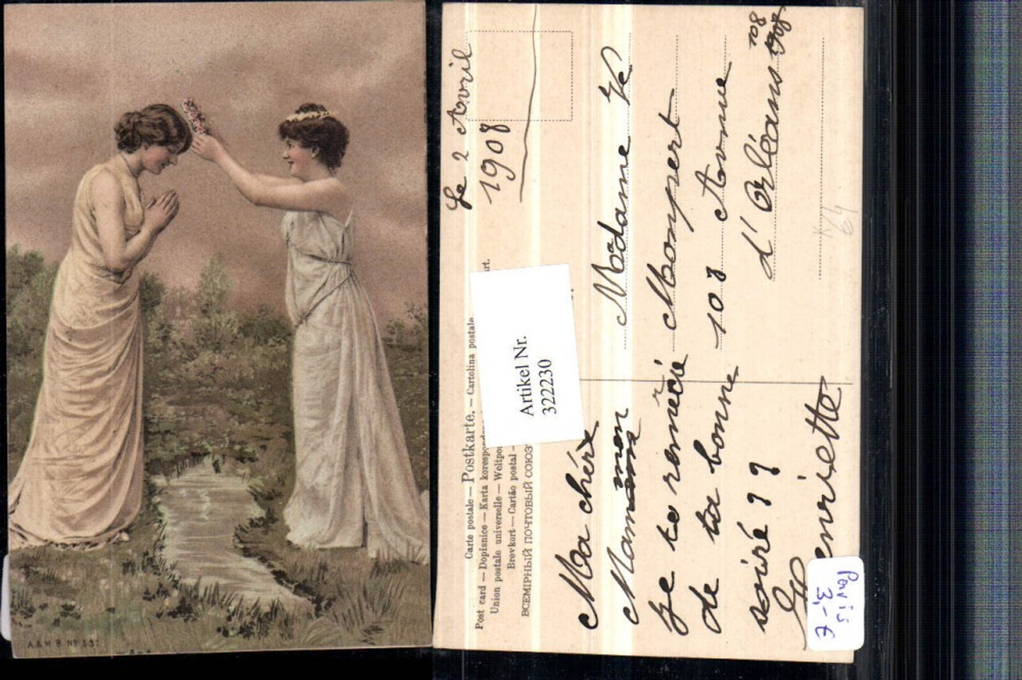 322230,Künstler AK Frauen m. Kleider Beten Blumenkranz