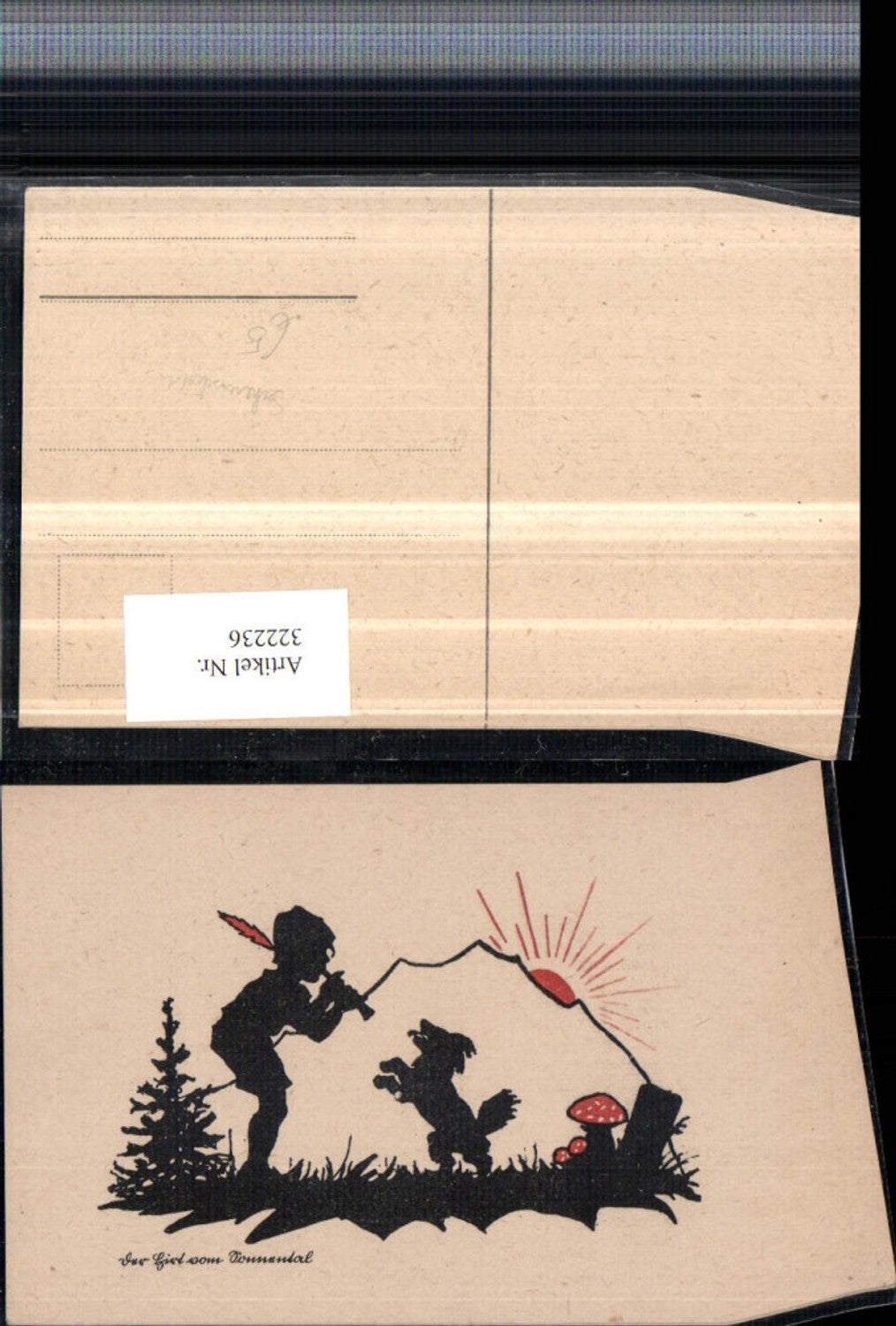 322236,Künstler AK Scherenschnitt Silhouette Der Hirt vom Sonnental Junge Federhut Flöte Hund