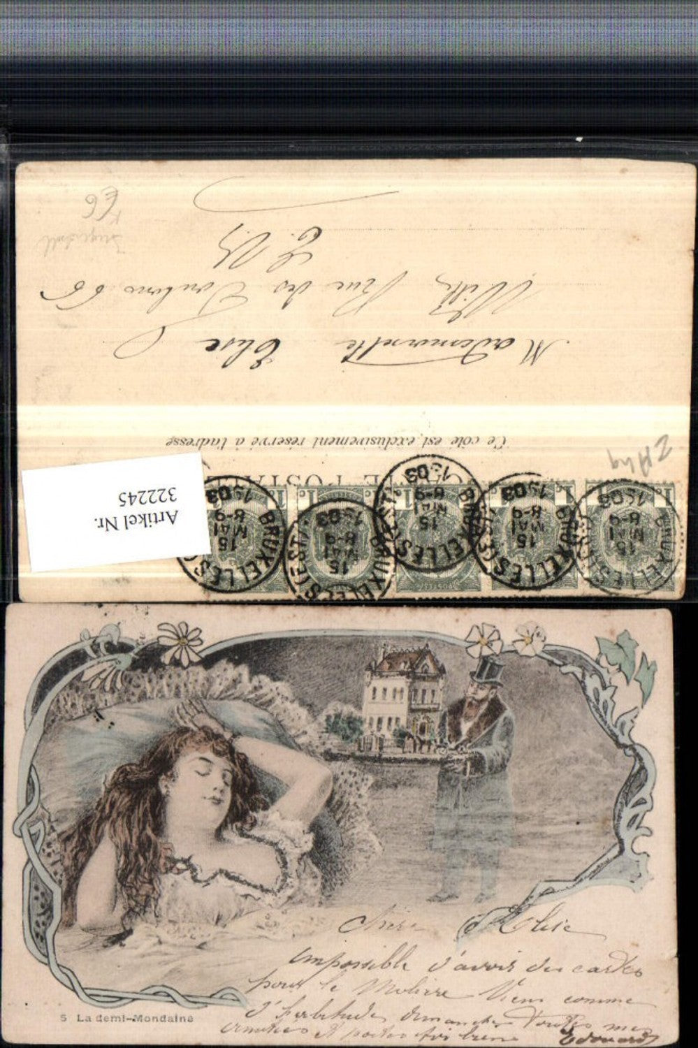 322245,Jugendstil Künstler AK Frau schläft Kissen Mann m. Zylinder Schloss